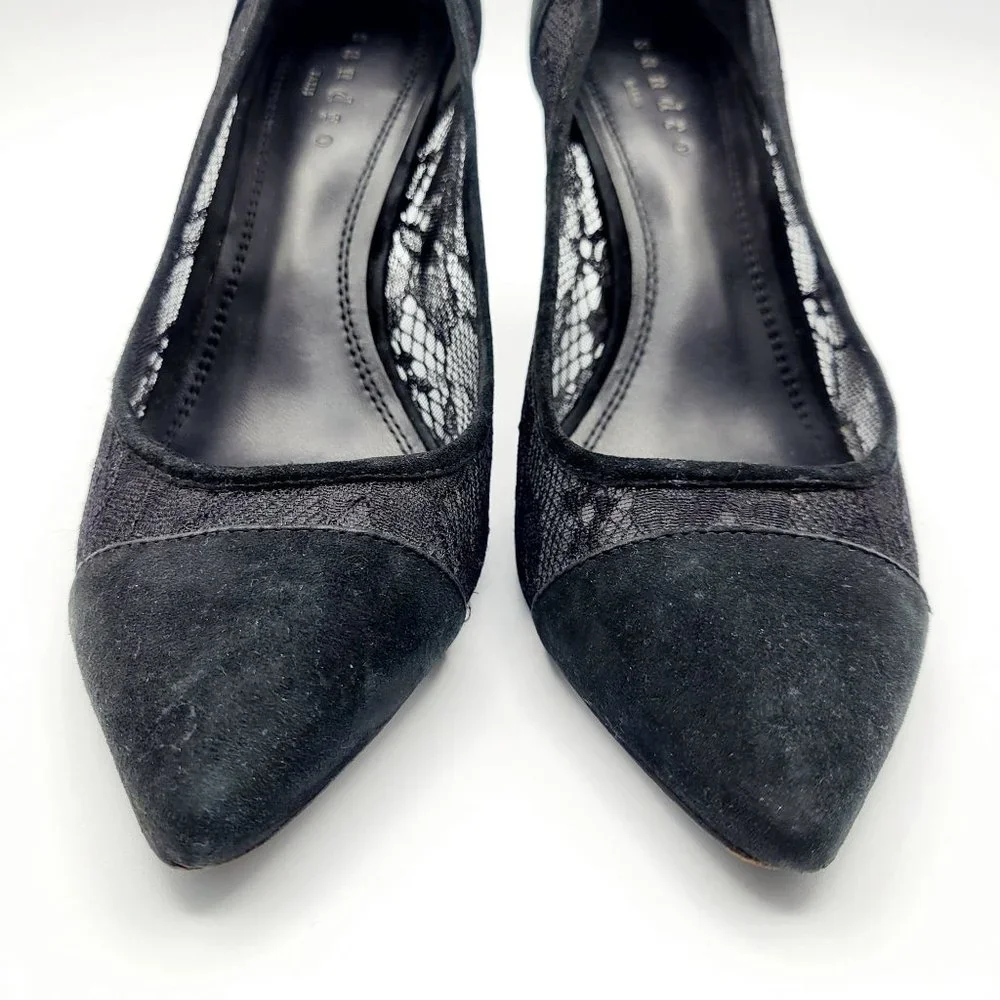 Sandro Black Lace Pointed Toe Heels Whimsigoth Witchy Suede Women's Size 38 US 8
